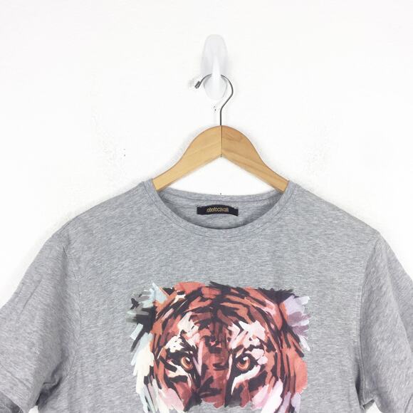 Roberto Cavalli Grey Tiger Short Sleeve Tee XL Cotton Graphic Animal Print - Picture 3 of 11